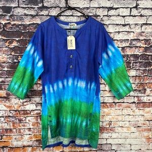 Kaas RTW Printed blue and green tie-dye cotton tunic with 3/4 sleeves Sz M
